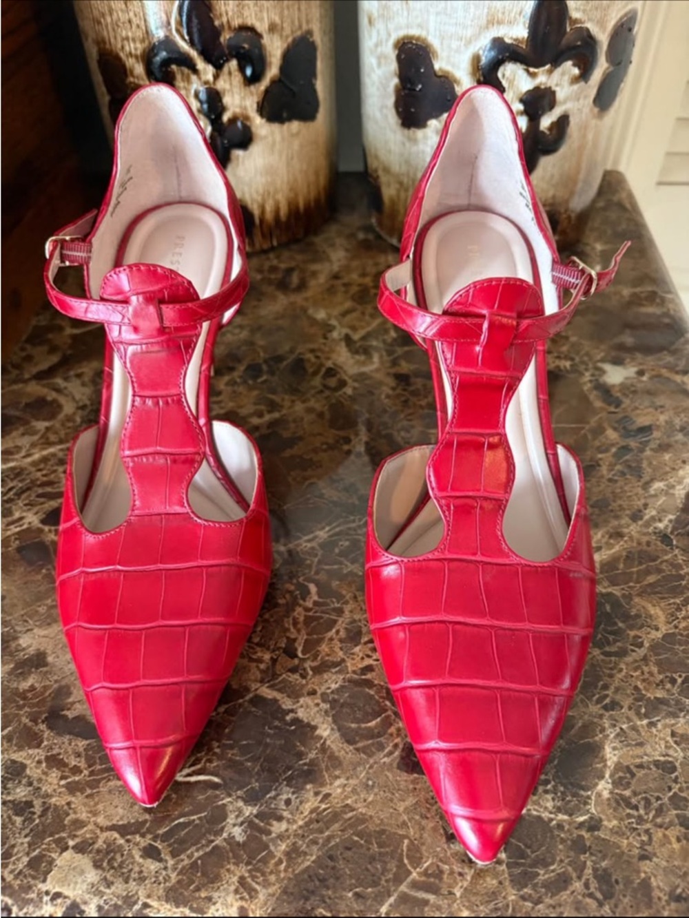 Preston & York Red Croc-Embossed Pointed T-Strap Heels